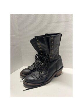 Boulet Mens 8 C Packer Boots Black Textured Leather Lace Up Western Riding 9008